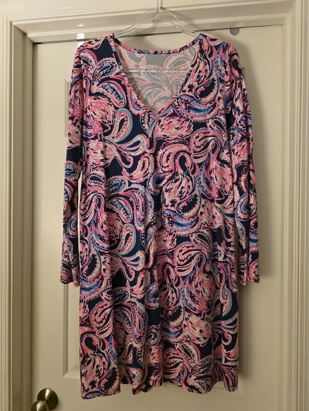 VGUC Lilly Pulitzer V-Neck, Long-sleeve Dress - Navy/Pink/Green Print - (Lg)